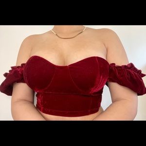 Cropped Red Wine Velvet Off-the-Shoulder Bustier